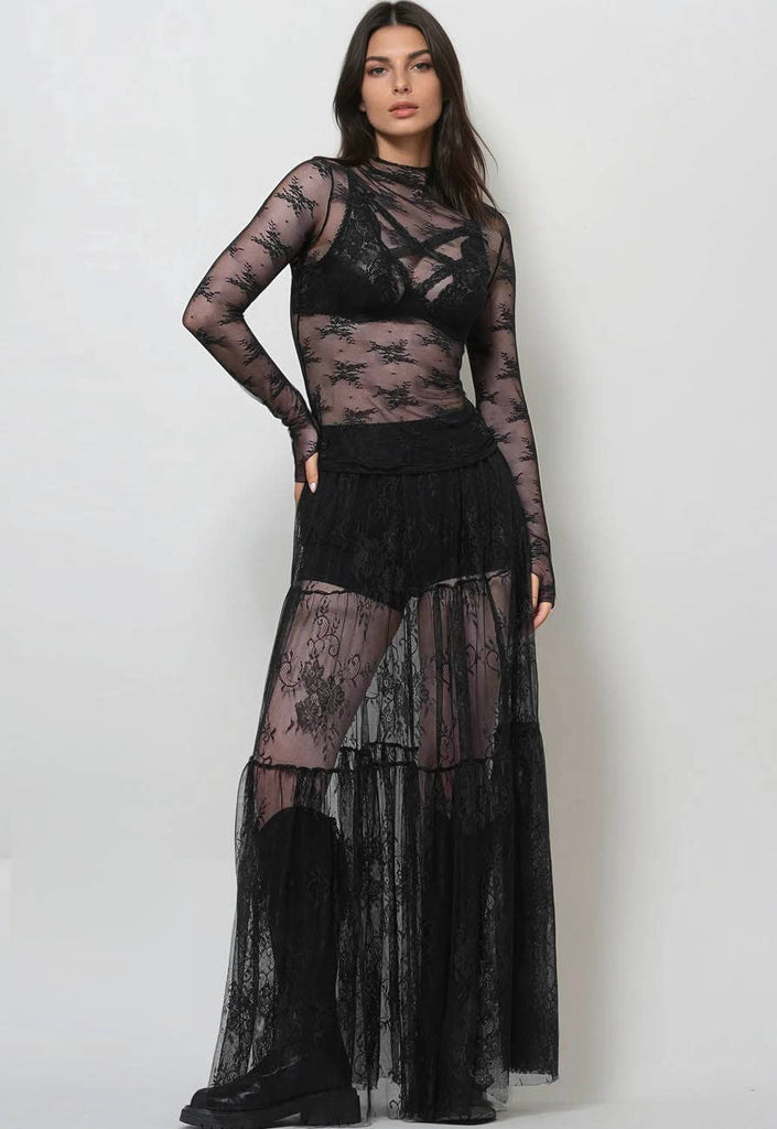 Lux Layering Floral Lace See Through Mesh Top Blouse: Black / M