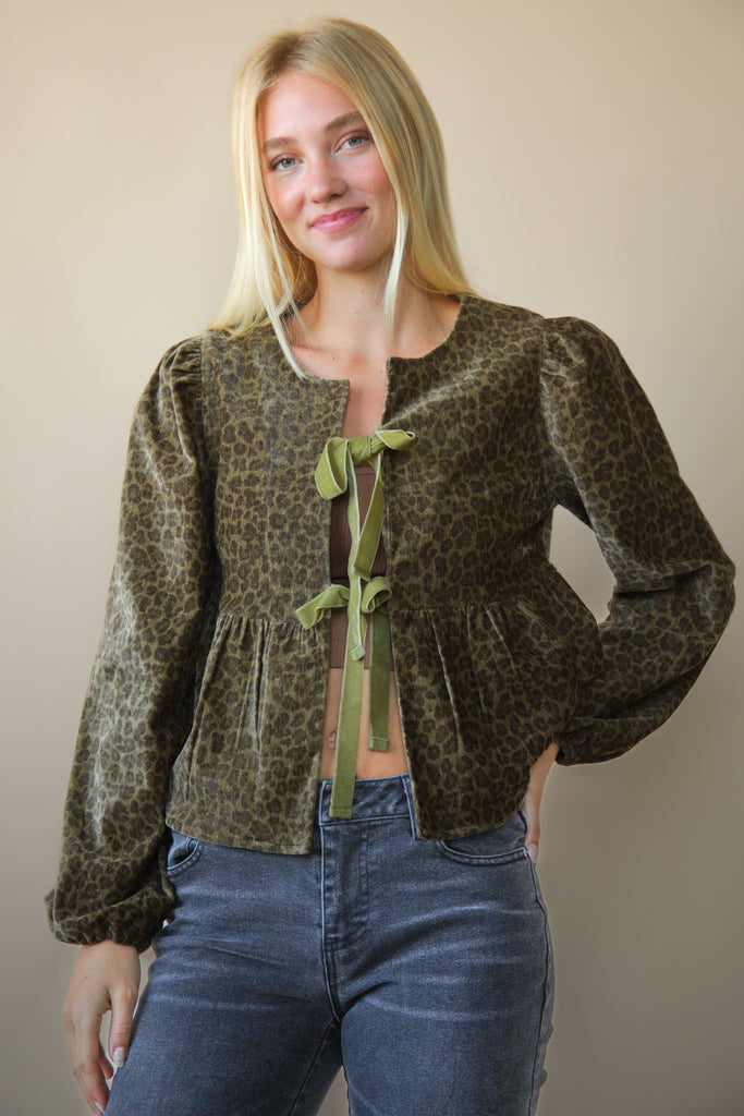 Leopard Printed Front Tie Woven Blouse Top: OLIVE