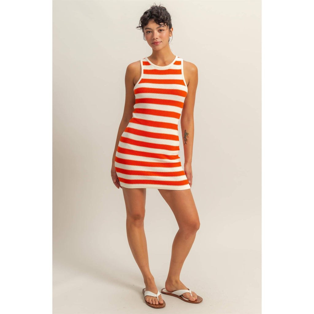 Striped Sleeveless Bodycon Mini Dress: TOMATO/CREAM