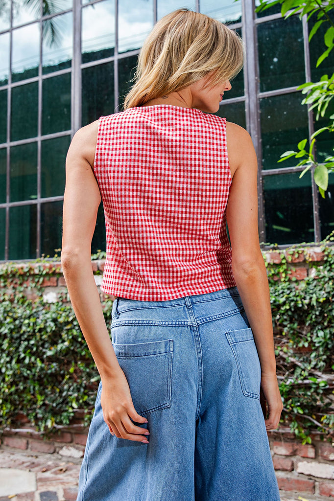 Button Down Sleeveless Gingham Top