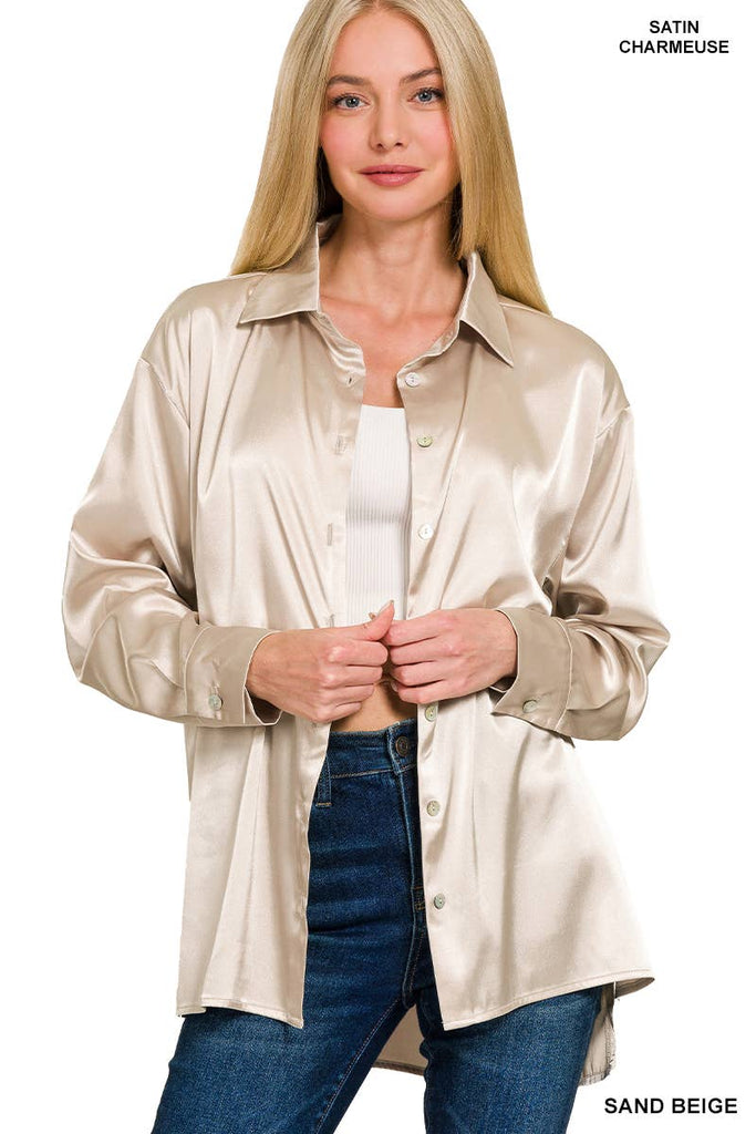 Satin Button Down Shirts: SILVER/ L