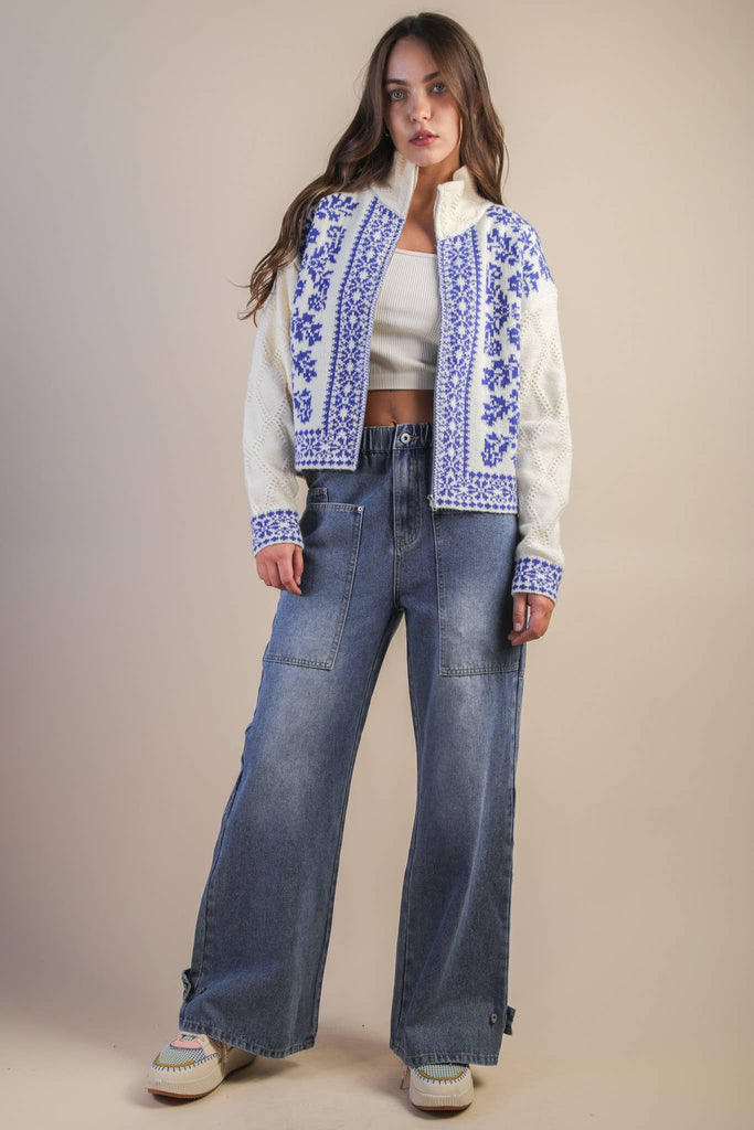 Graphic Knit Sweater Zip Up Cardigan: BLUE