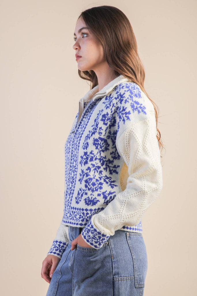 Graphic Knit Sweater Zip Up Cardigan: BLUE