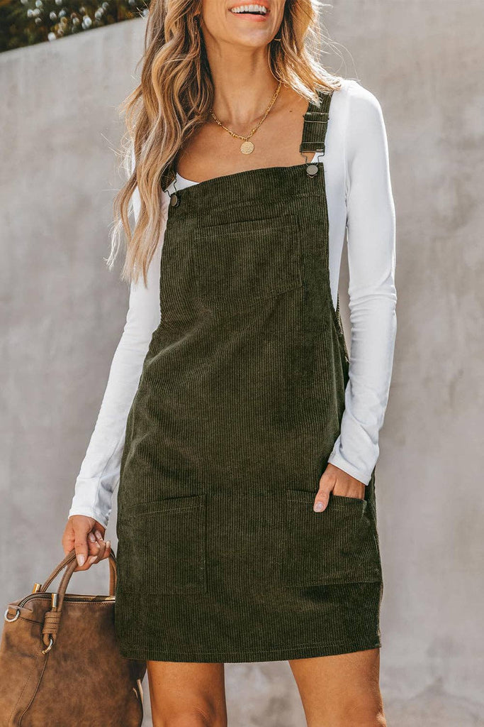 Solid Front Pockets Sleeveless Corduroy Overall Dress: Vineyard Green / 100%Polyester / M