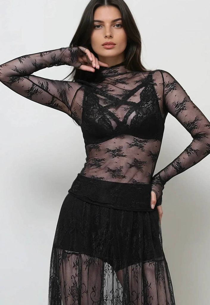 Lux Layering Floral Lace See Through Mesh Top Blouse: Black / S