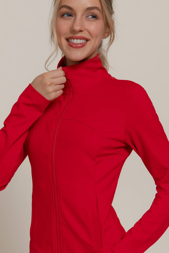 Long Sleeve Mock Neck Seam Detail Workout Jacket: RED/ L