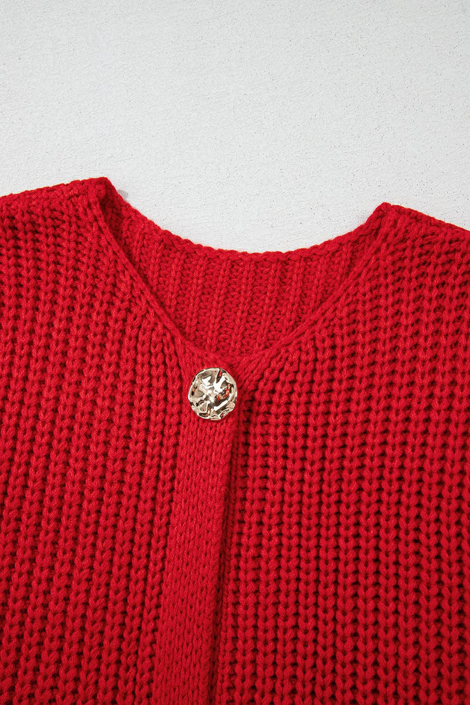 Solid Textured Knit Side Pockets Buttoned Sweater Vest: Fiery Red / 100%Acrylic / M