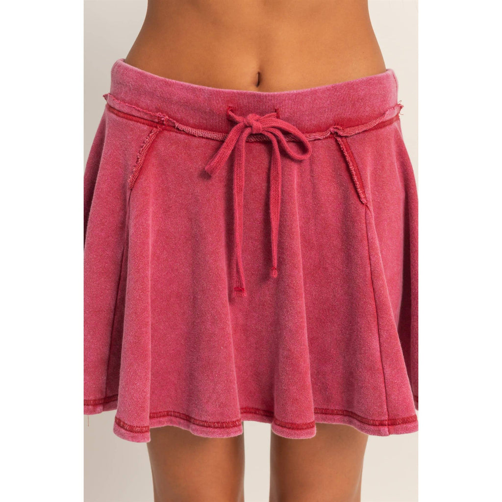Acid Washed Mid Waist Flowy Skort: DARK RED