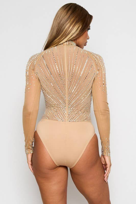 Rhinestone Mock Neck Long Sleeve Bodysuit: Nude / M