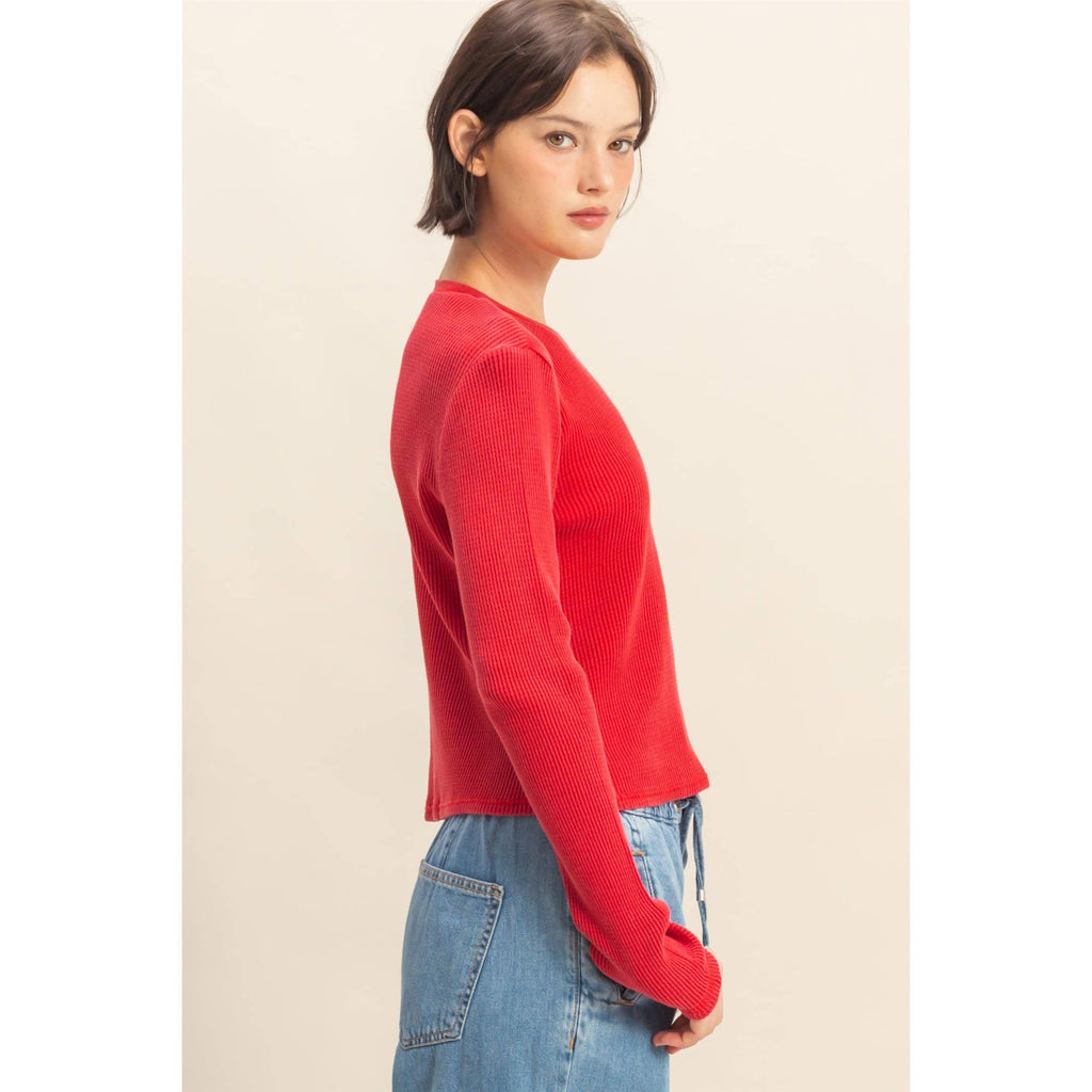 Mineral Wash Waffle Knit Long Sleeve Top: RED