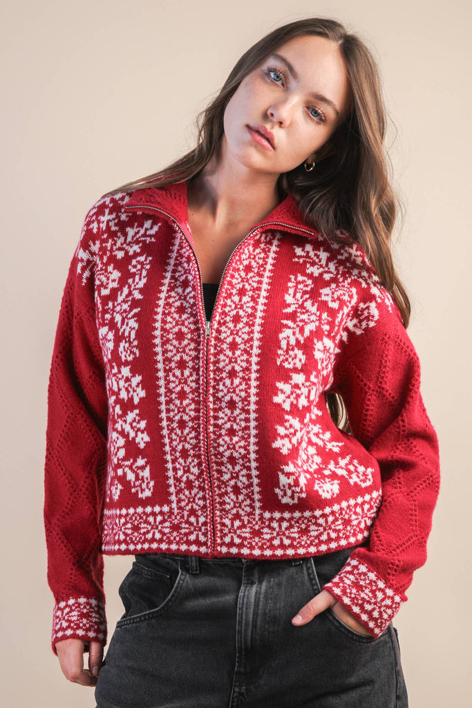 Graphic Knit Sweater Zip Up Cardigan: RED