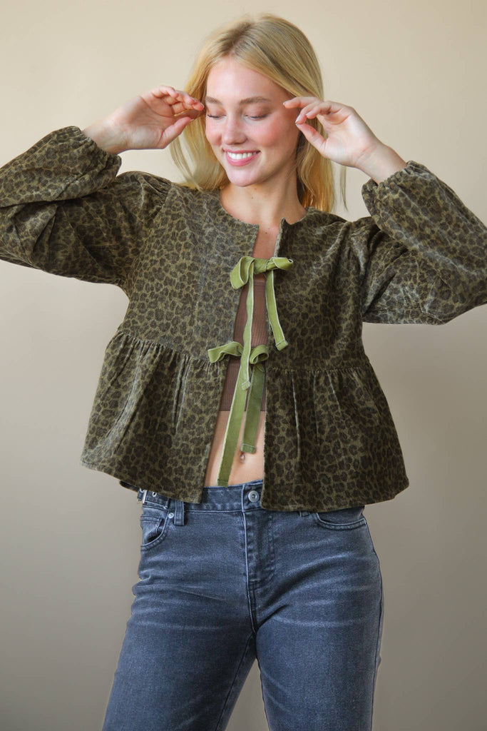Leopard Printed Front Tie Woven Blouse Top: OLIVE