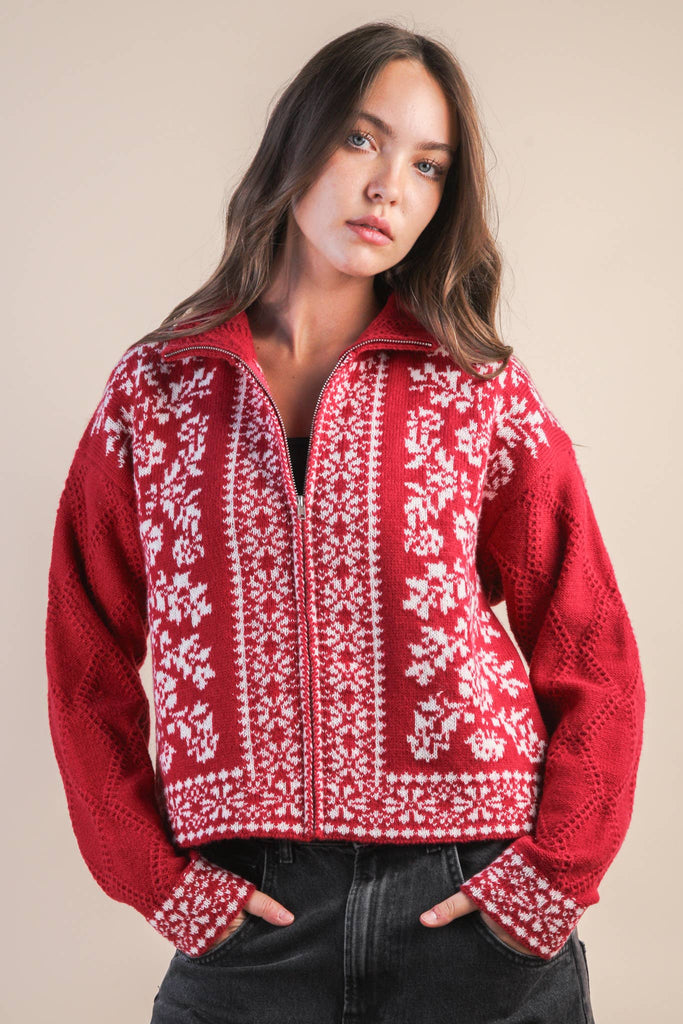 Graphic Knit Sweater Zip Up Cardigan: RED