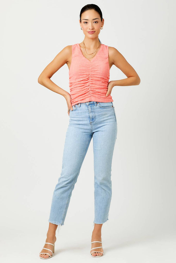 Floral Ruched Tank Top: Coral / Small