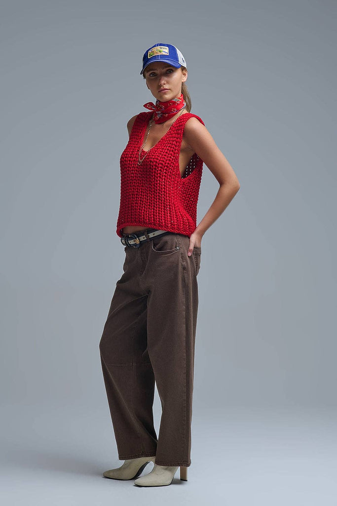 Crochet Cropped Vest in Red With sequins Thread: RED / ONE
