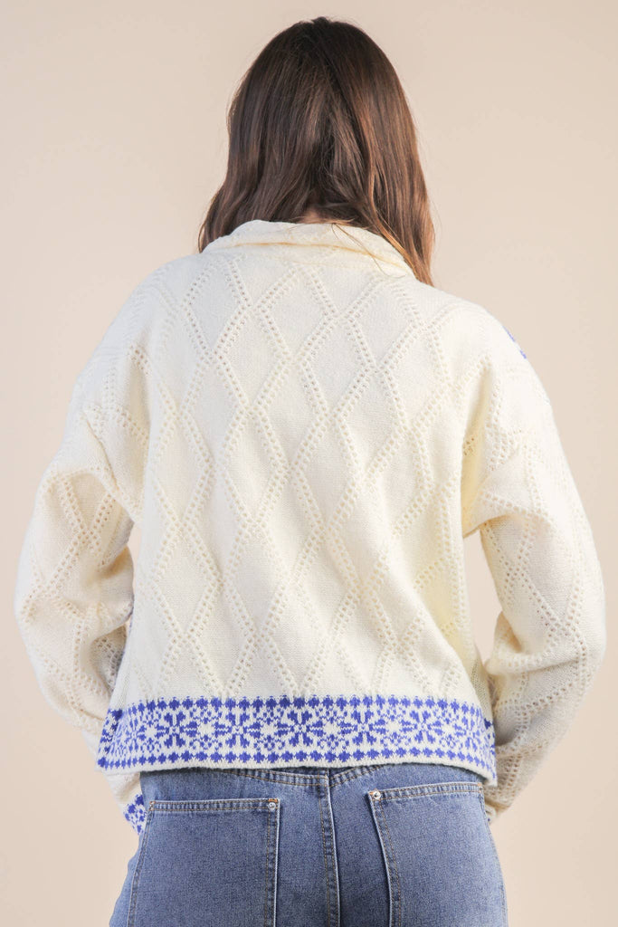Graphic Knit Sweater Zip Up Cardigan: BLUE