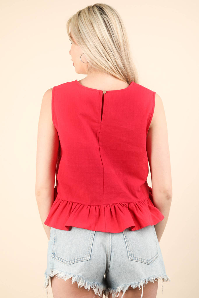 Side Tie Detail Ruffled Top: TOMATO