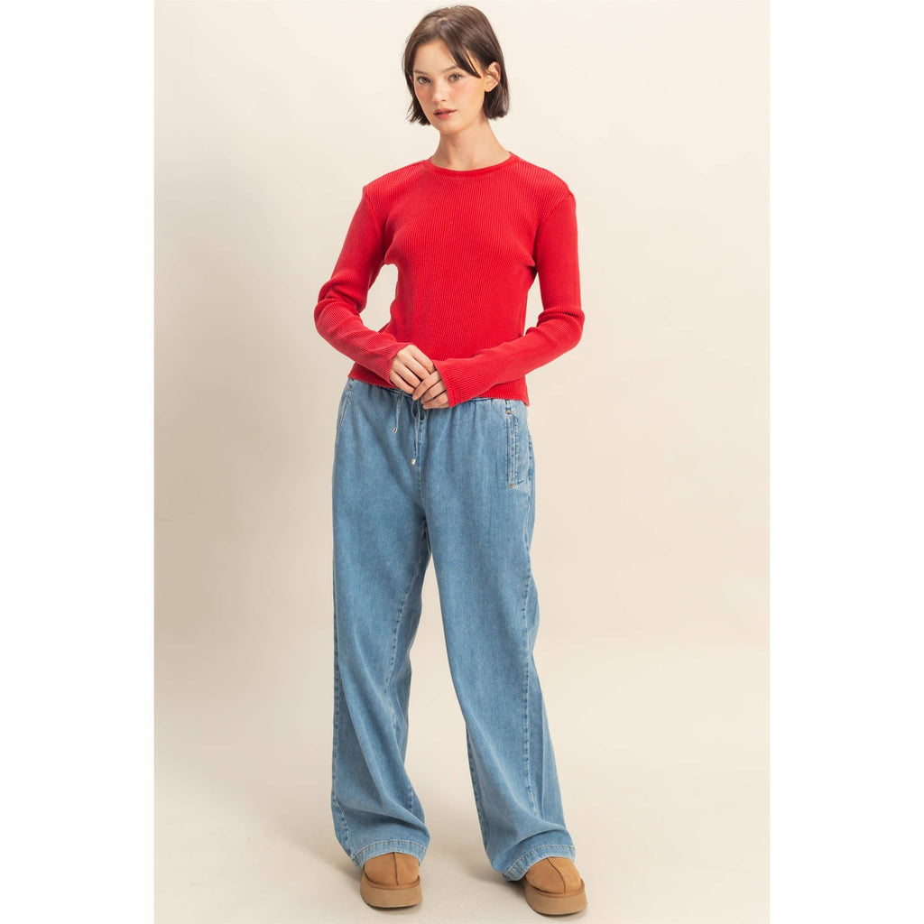 Mineral Wash Waffle Knit Long Sleeve Top: RED