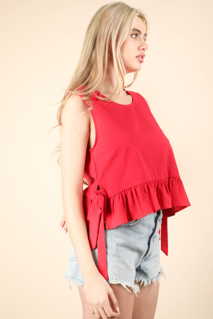 Side Tie Detail Ruffled Top: TOMATO
