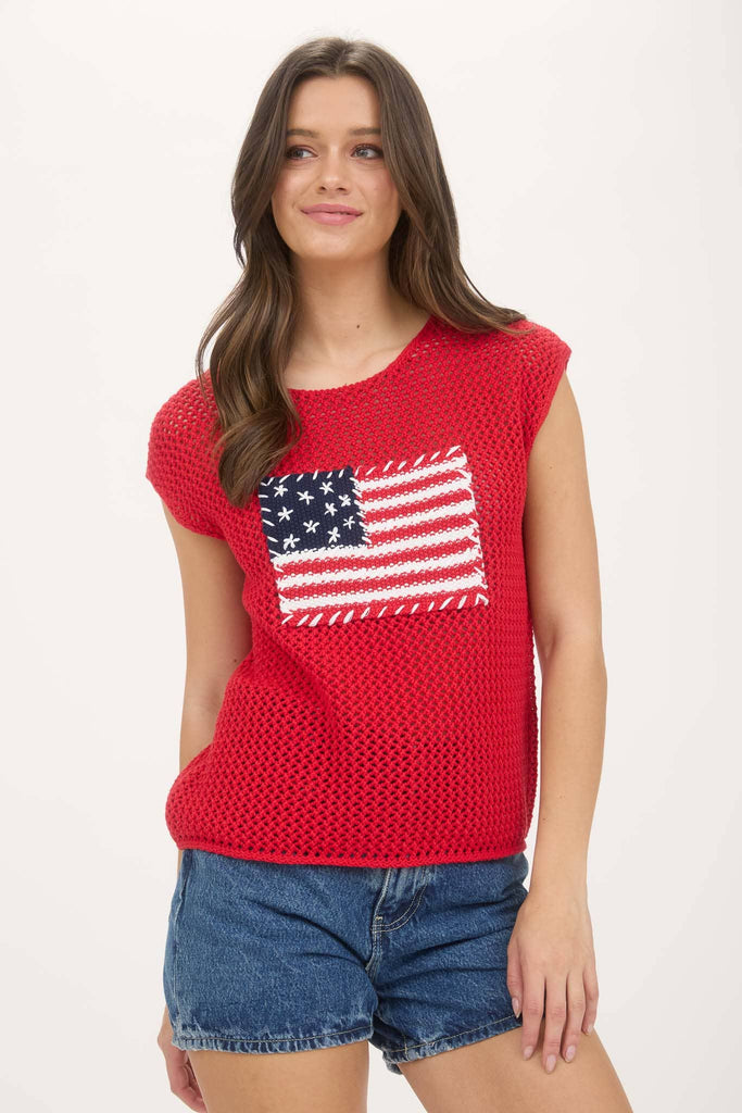 AMERICAN FLAG CROCHET KNIT SWEATER TOP: RED