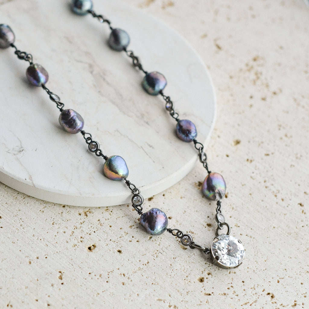 Sejong Freshwater Pearl CZ Crystal Pendant Necklace: White Pearl