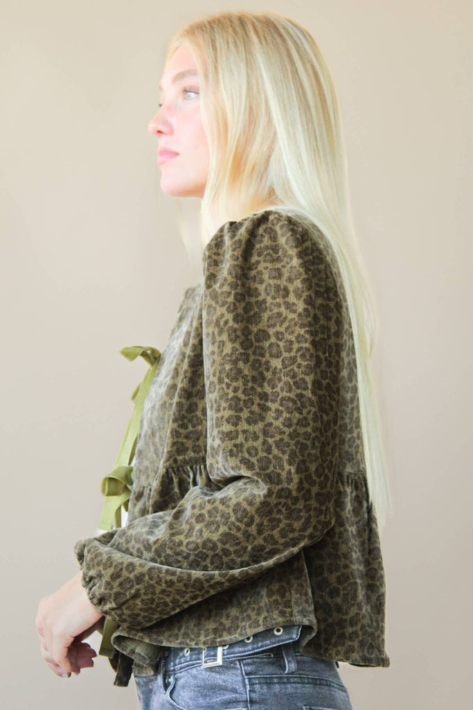 Leopard Printed Front Tie Woven Blouse Top: OLIVE