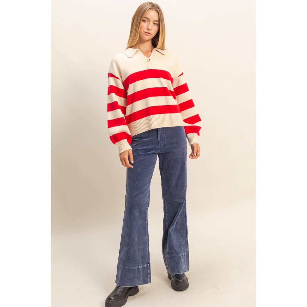 Striped Polo Collar Knit Sweater