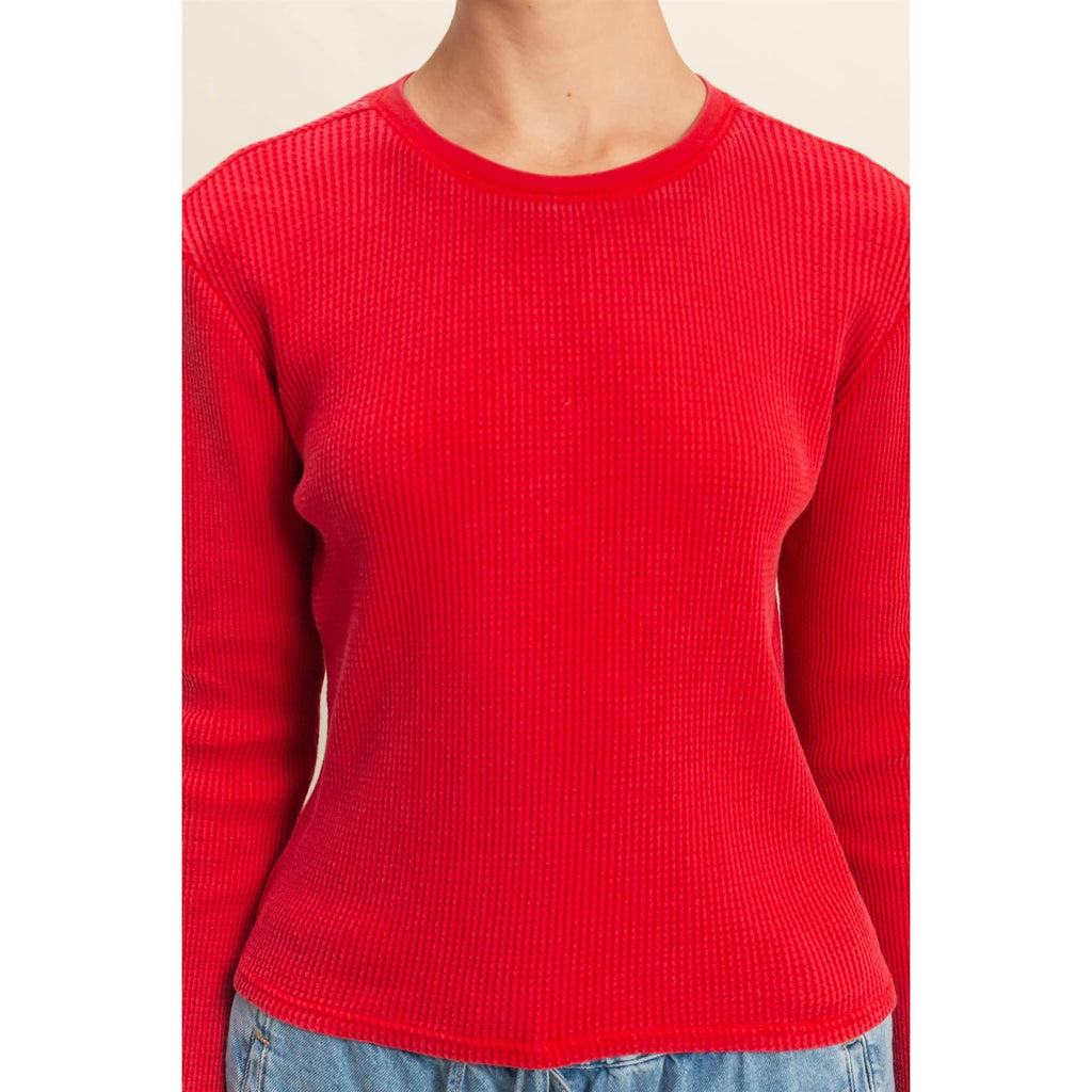 Mineral Wash Waffle Knit Long Sleeve Top: RED