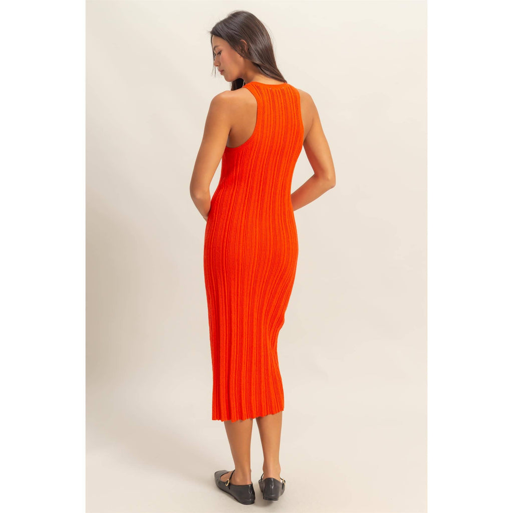 Round Neck Bodycon Ribbed Knit Dress: TOMATO