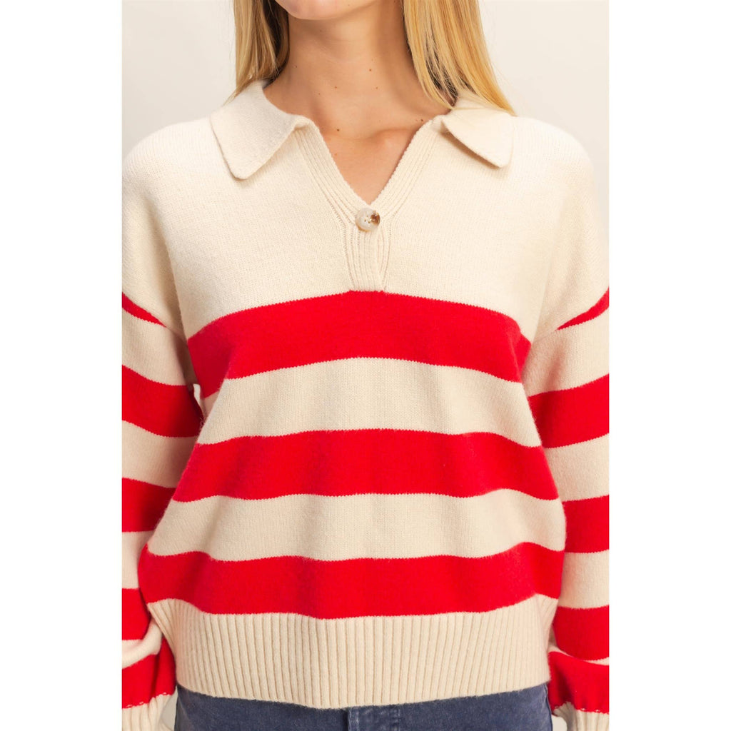 Striped Polo Collar Knit Sweater