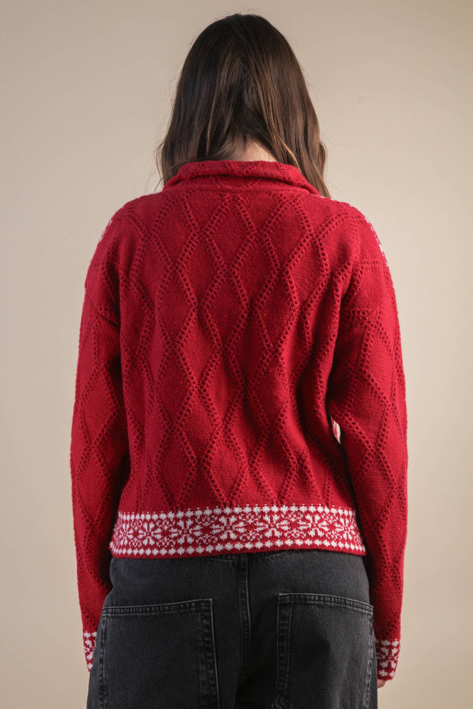 Graphic Knit Sweater Zip Up Cardigan: RED