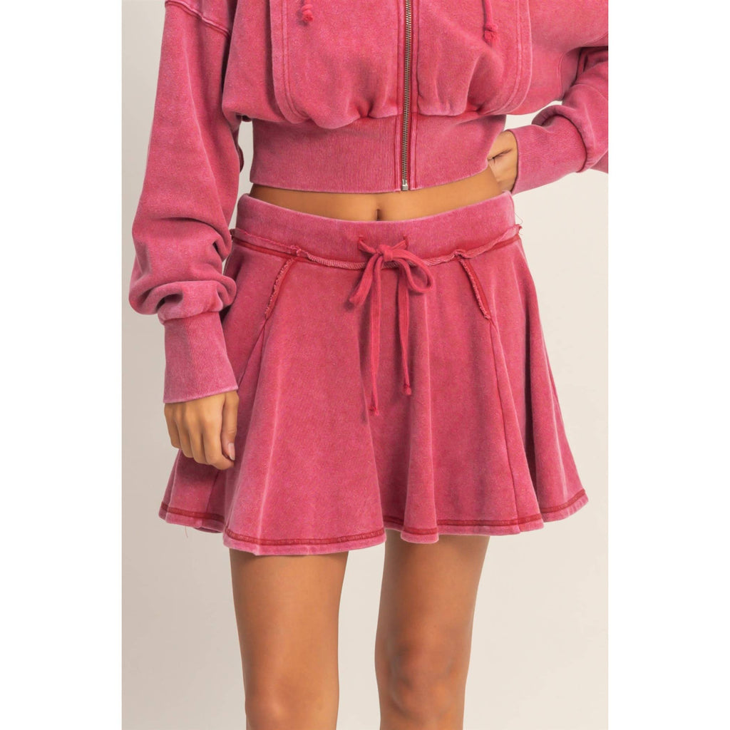 Acid Washed Mid Waist Flowy Skort: DARK RED