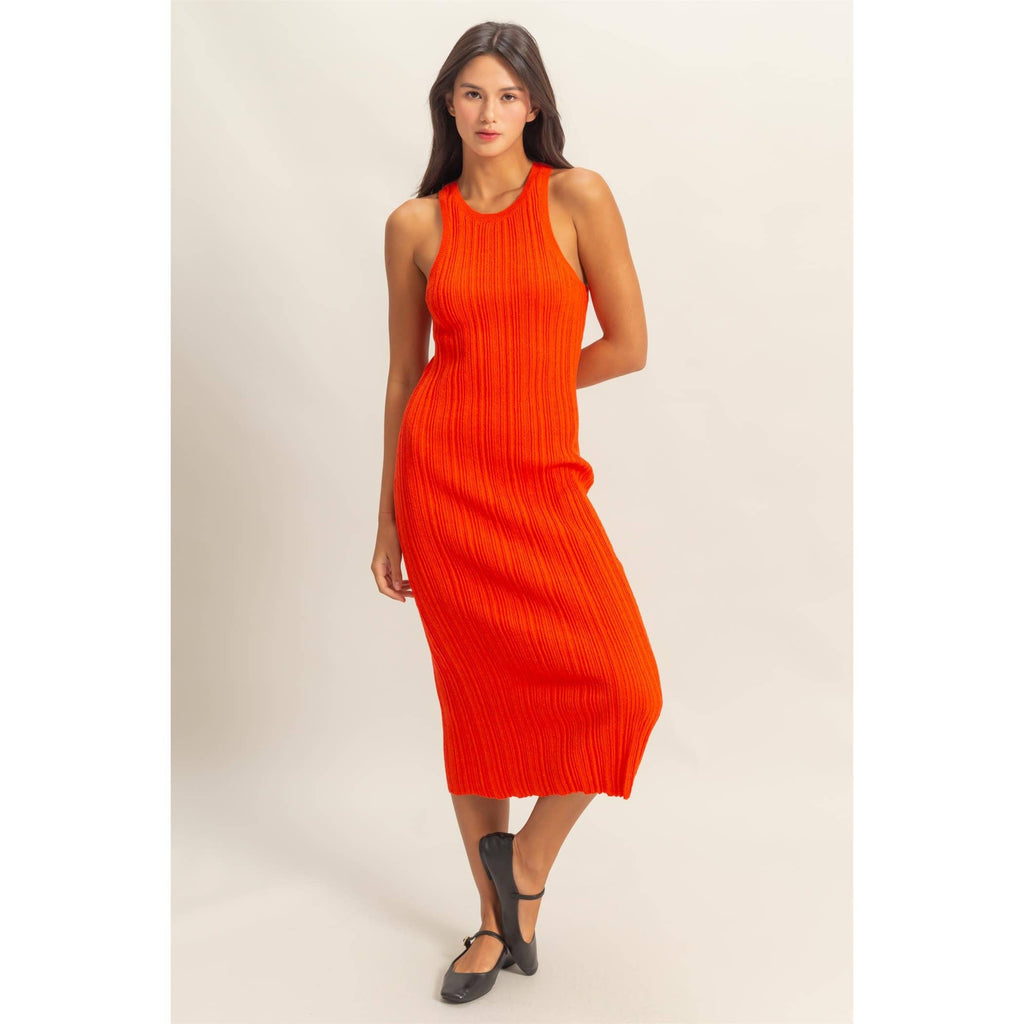 Round Neck Bodycon Ribbed Knit Dress: TOMATO