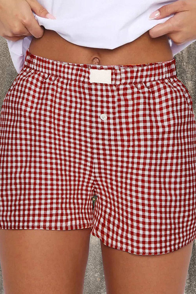 Red Plaid Gingham Printed High Waist Shorts: Red Stripe / 100%Polyester / M