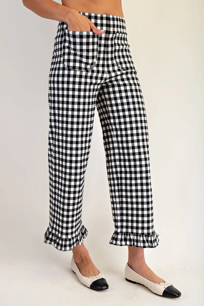 Gingham Ruffle Trim Straight Leg Pants