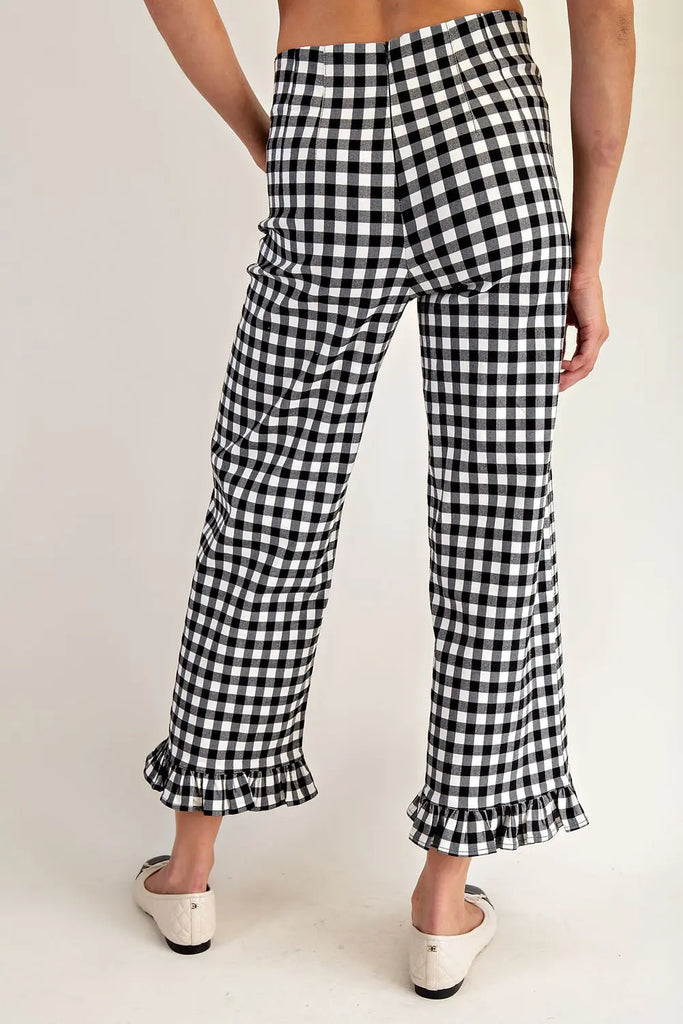 Gingham Ruffle Trim Straight Leg Pants