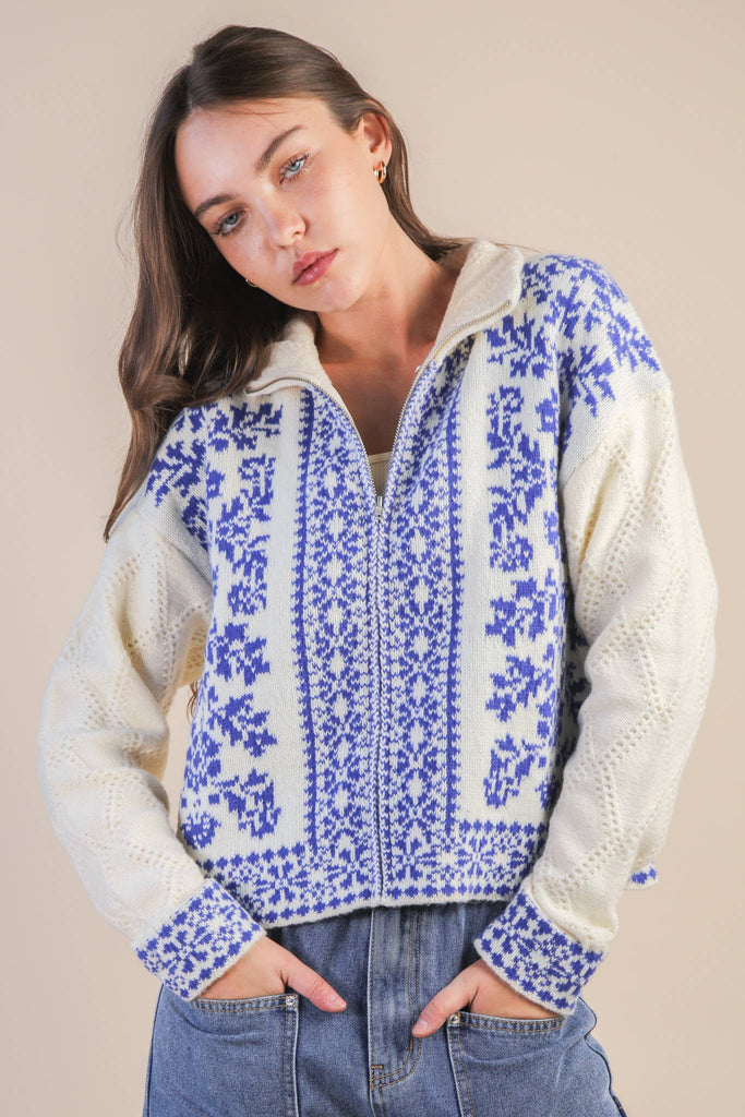 Graphic Knit Sweater Zip Up Cardigan: BLUE