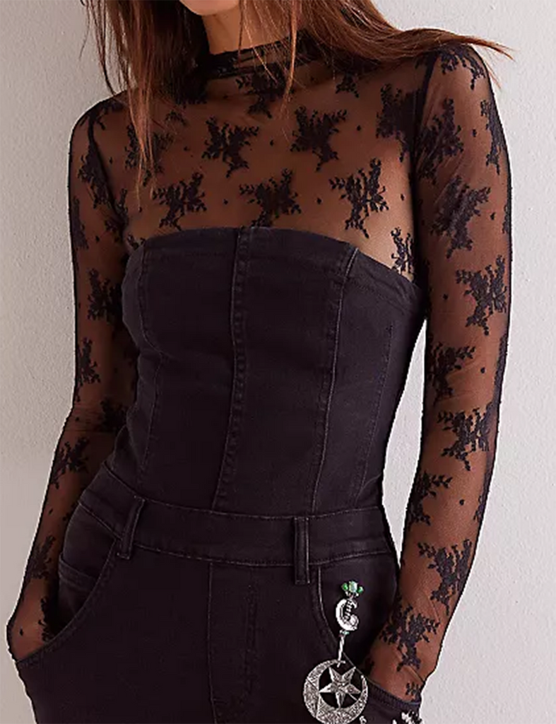 Lux Layering Floral Lace See Through Mesh Top Blouse: Black / M