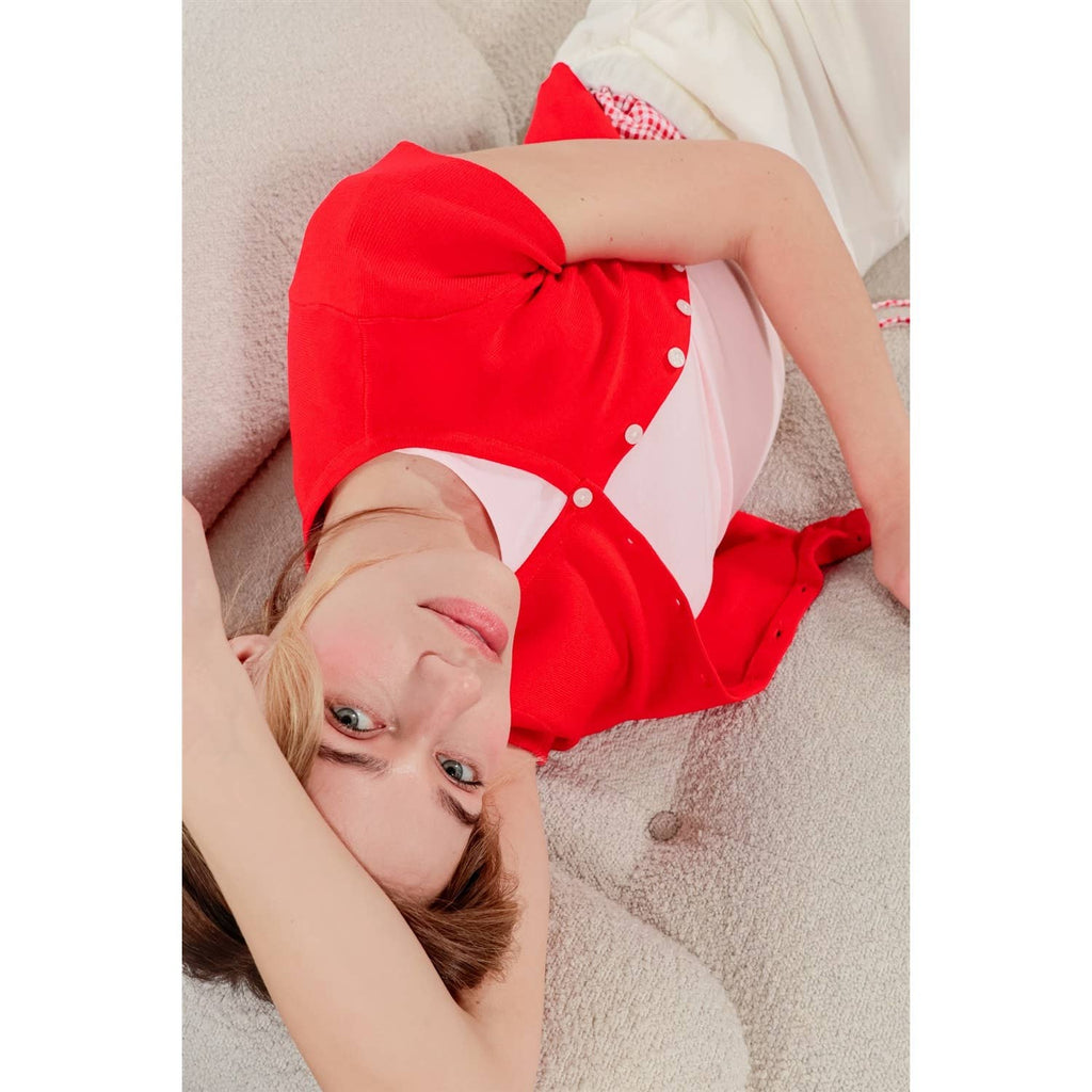 Button Front Short Sleeve Knit Top: RED