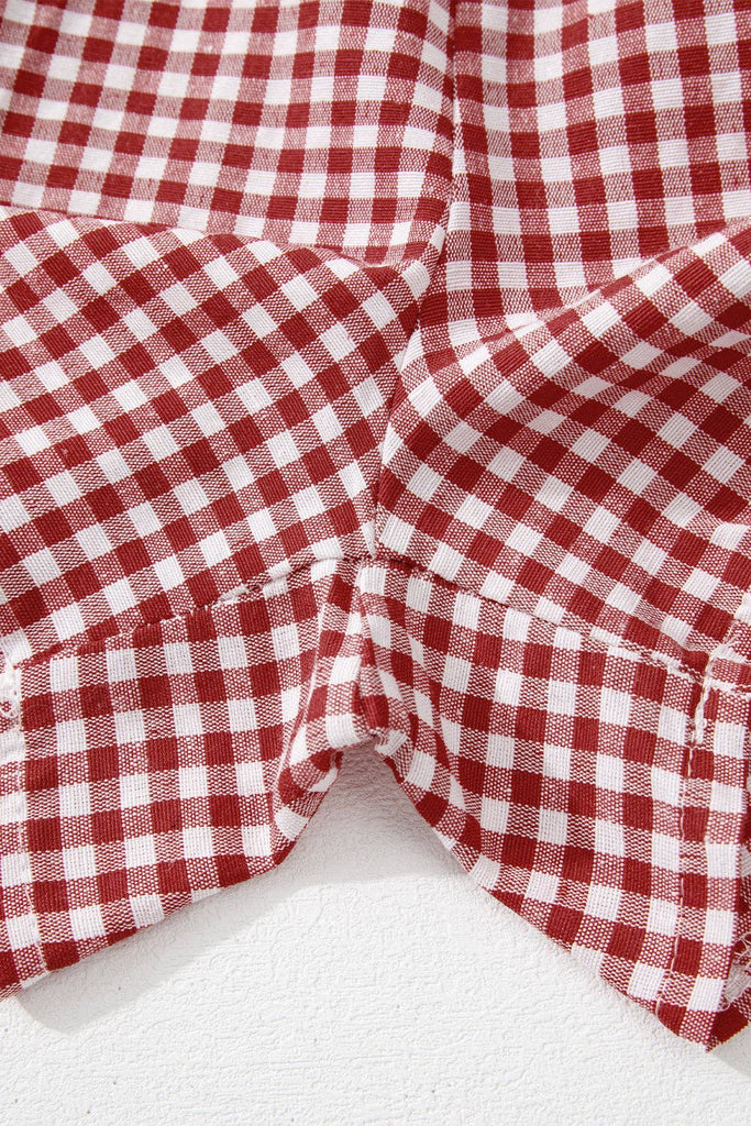 Red Plaid Gingham Printed High Waist Shorts: Red Stripe / 100%Polyester / XL