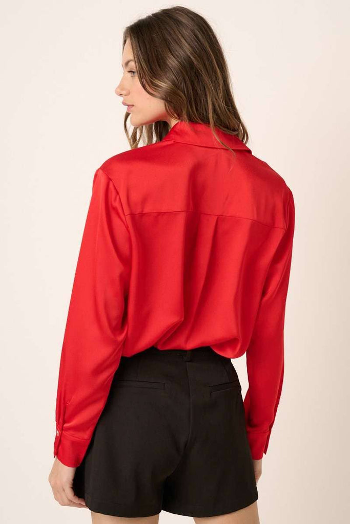 BUTTON DOWN SATIN SHIRT: RED / L
