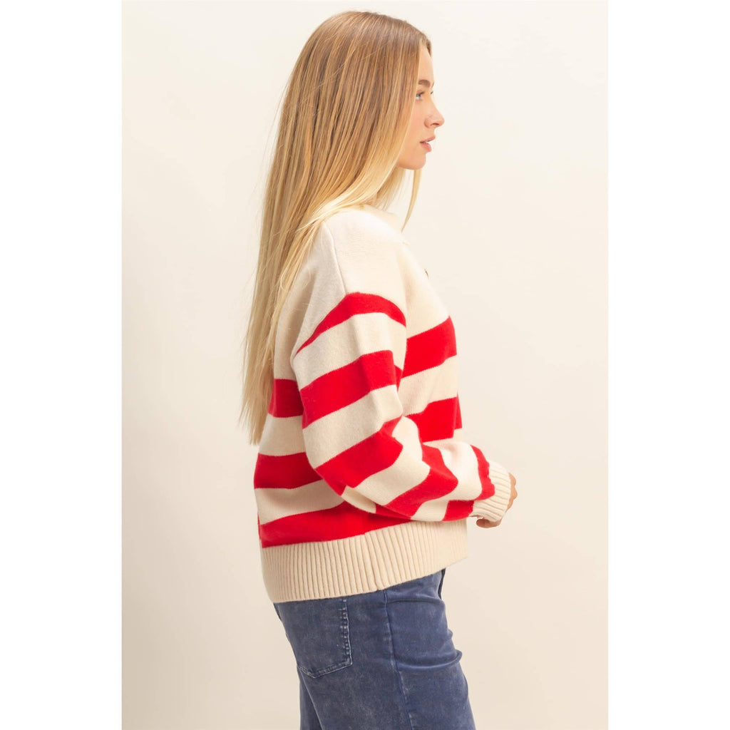 Striped Polo Collar Knit Sweater