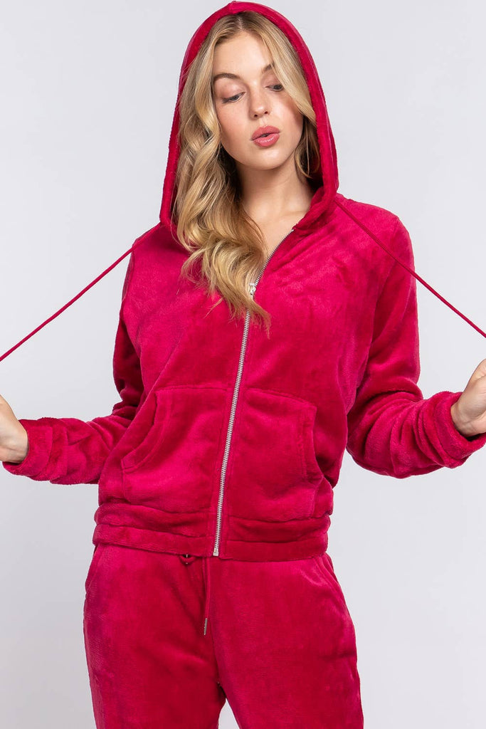 Long Sleeve Faux Fur Hoodie Jacket & Jogger Pants Set: Mgt-Magenta / S