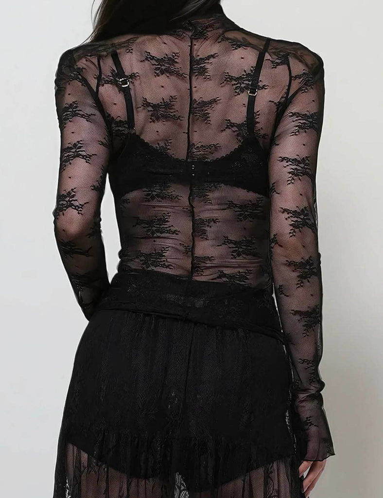Lux Layering Floral Lace See Through Mesh Top Blouse: Black / L