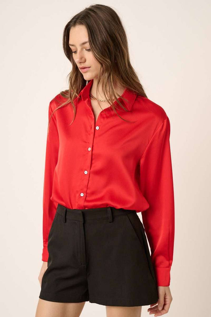 BUTTON DOWN SATIN SHIRT: RED / M