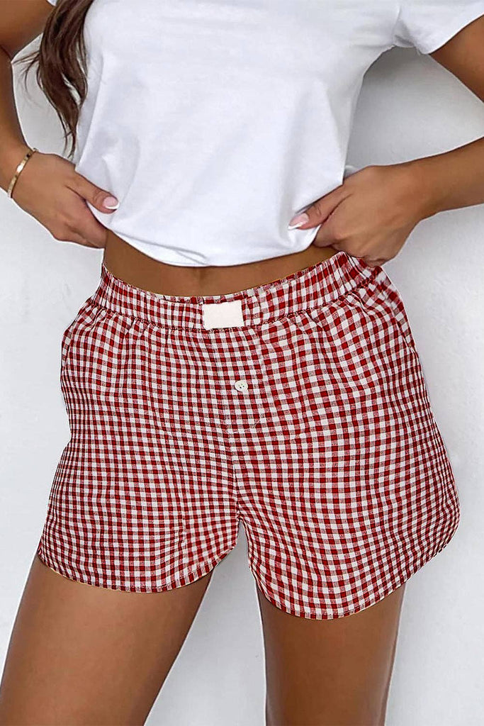 Red Plaid Gingham Printed High Waist Shorts: Red Stripe / 100%Polyester / XL