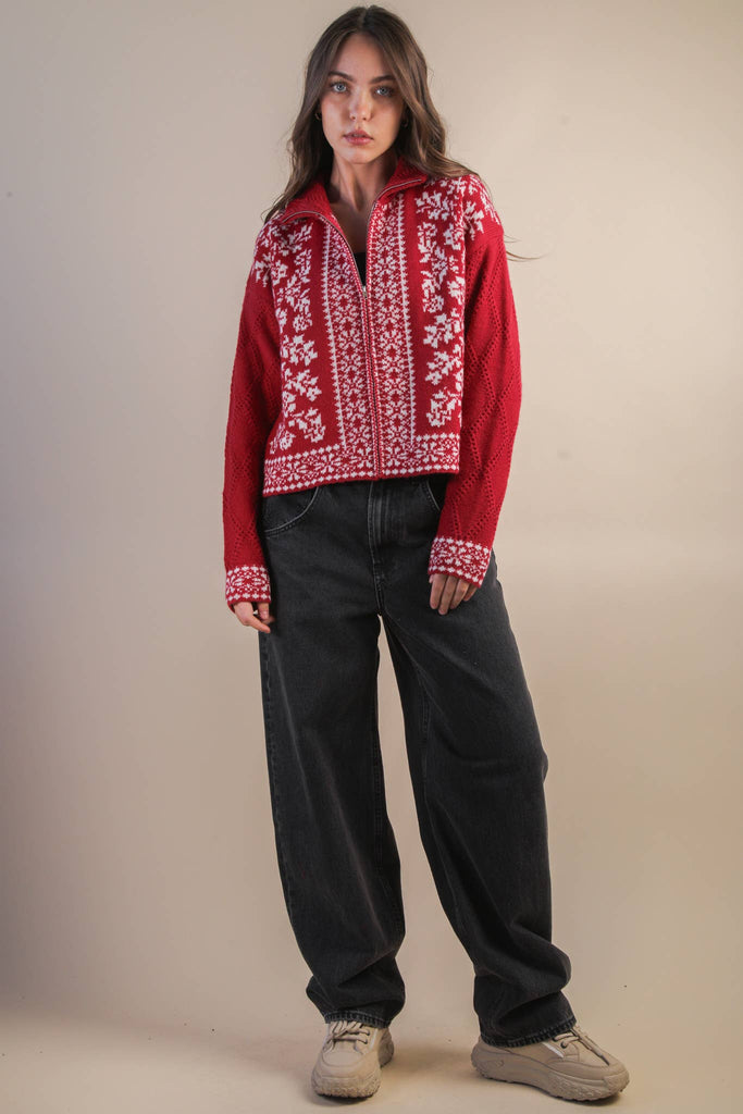 Graphic Knit Sweater Zip Up Cardigan: RED