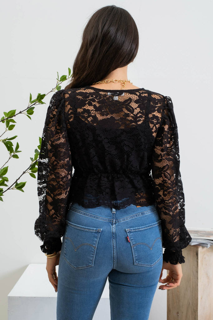LACE BUTTON DOWN LONG SLEEVE CROP TOP: BLACK