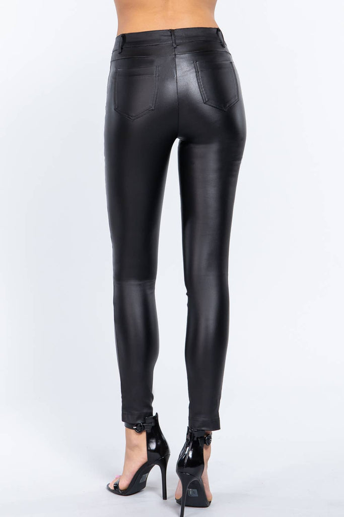 Pu Faux Leather Coated Long Pants : Black / M