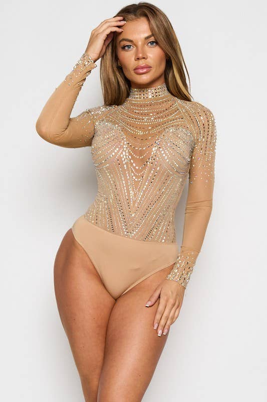 BCCBS24352 Rhinestone Mock Neck Long Sleeve Bodysuit: Nude / L